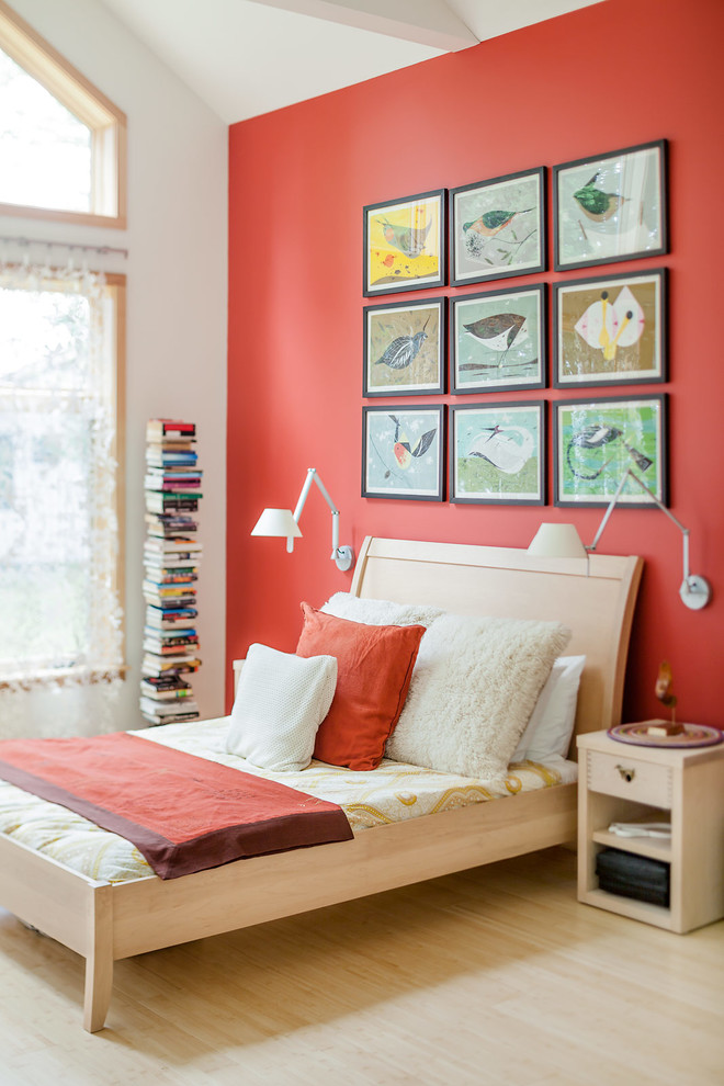 Inspiration for a contemporary kids' bedroom in Portland Maine with red walls.