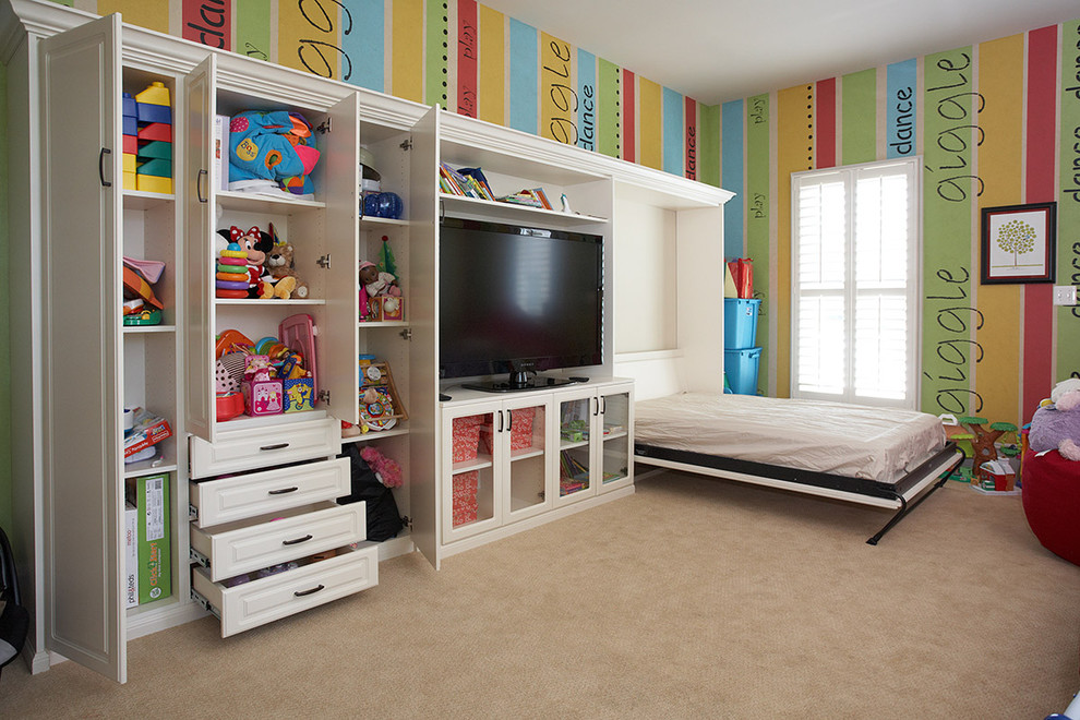 Inspiration for a medium sized traditional gender neutral kids' bedroom in DC Metro with multi-coloured walls and carpet.