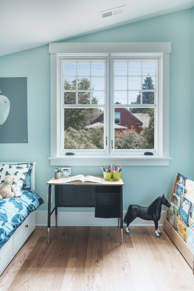Esempio di una cameretta da letto classica con pareti blu, pavimento in legno massello medio, pavimento marrone e soffitto a volta