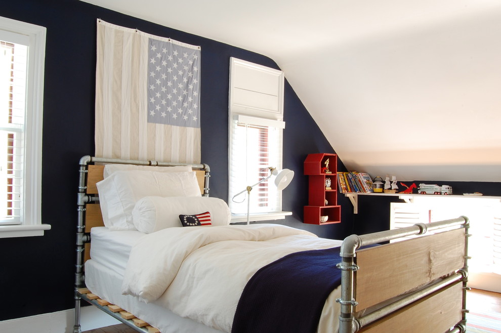 Farmhouse kids' bedroom in New York with blue walls.