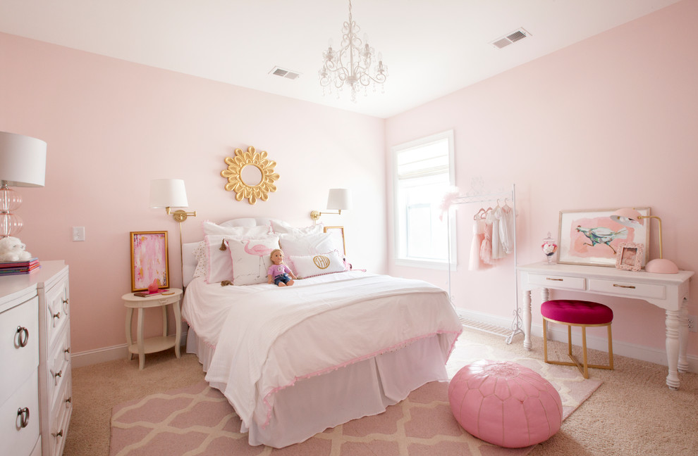 Elegant girl carpeted and pink floor kids' room photo in Charleston with pink walls