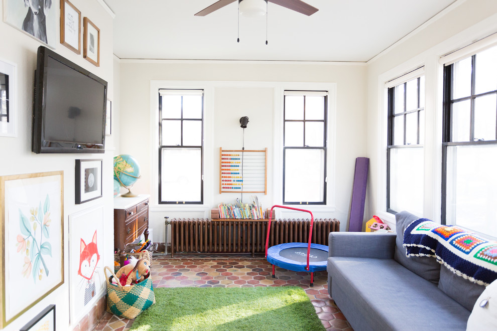 Medium sized country playroom for girls in Kansas City with ceramic flooring and multi-coloured floors.