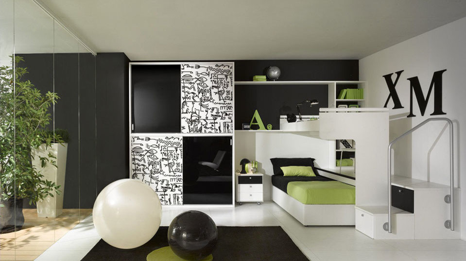 This is an example of a medium sized contemporary gender neutral teen’s room in Cleveland with black walls and white floors.