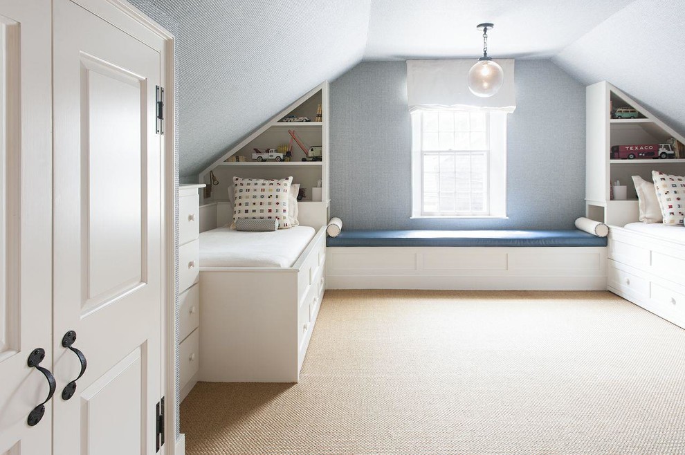 Idéer för att renovera ett vintage pojkrum kombinerat med sovrum, med grå väggar och heltäckningsmatta