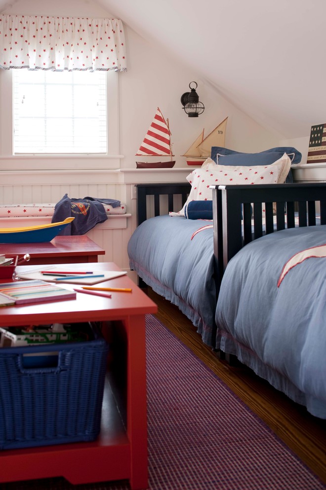 Inspiration for a mid-sized timeless gender-neutral dark wood floor kids' room remodel in Boston with white walls