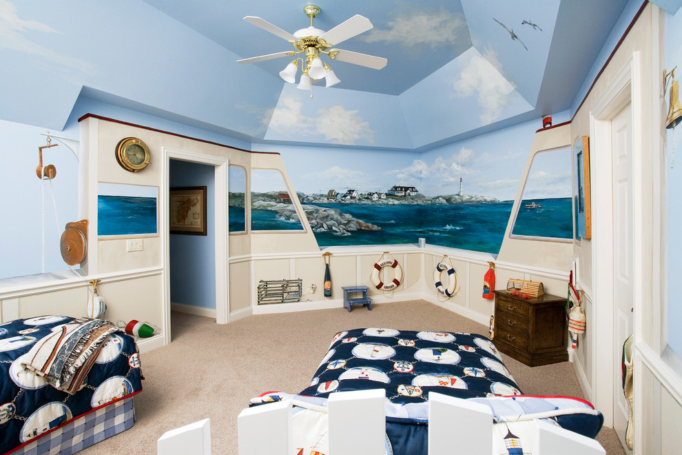 Idée de décoration pour une très grande chambre d'enfant de 4 à 10 ans tradition avec un mur bleu et moquette.