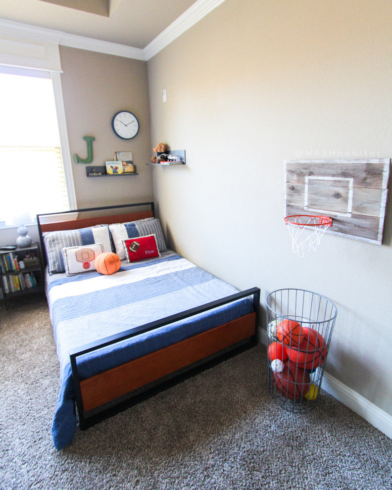 Kids' room - large contemporary boy carpeted and beige floor kids' room idea in Dallas with multicolored walls