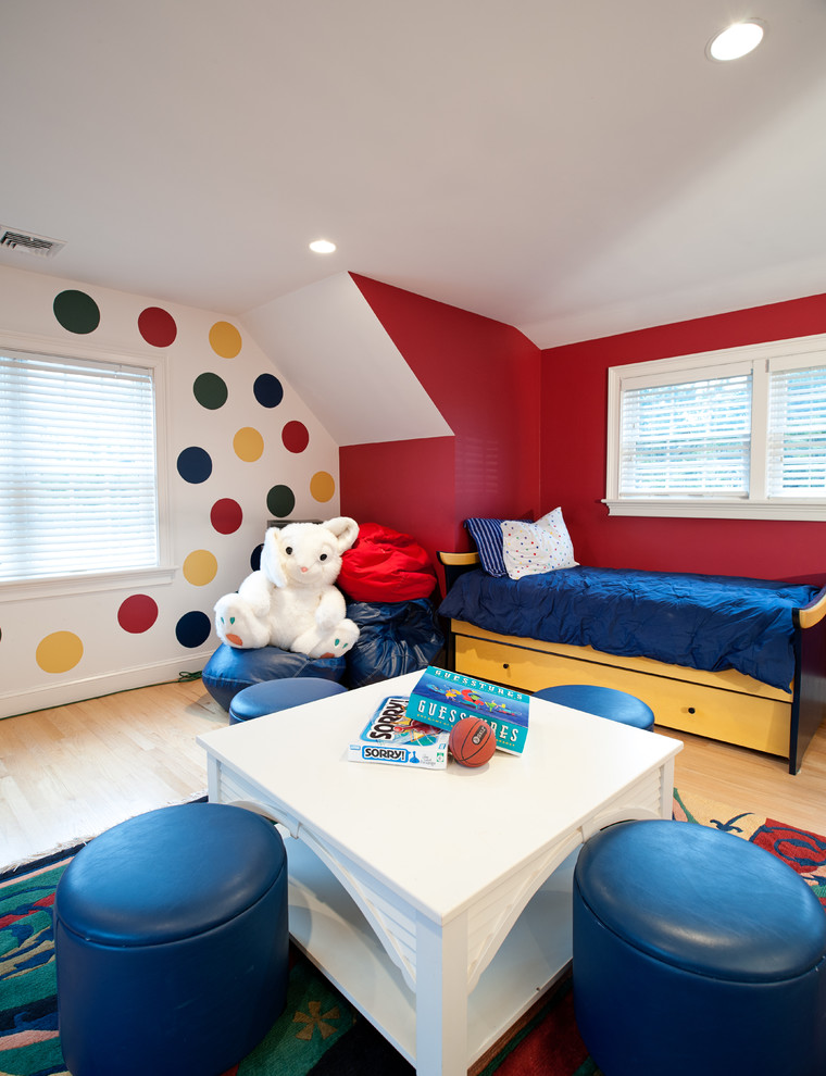 Kids' room - mid-sized eclectic gender-neutral light wood floor kids' room idea in Boston with multicolored walls