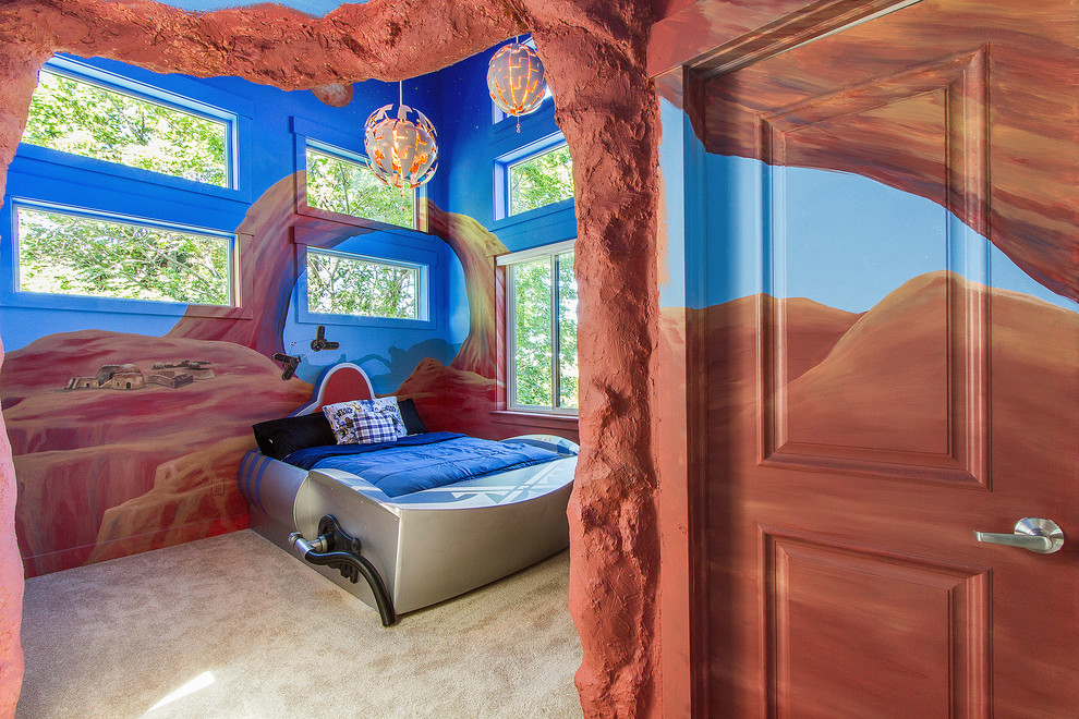 Imagen de dormitorio infantil de 4 a 10 años de estilo americano de tamaño medio con paredes multicolor y moqueta