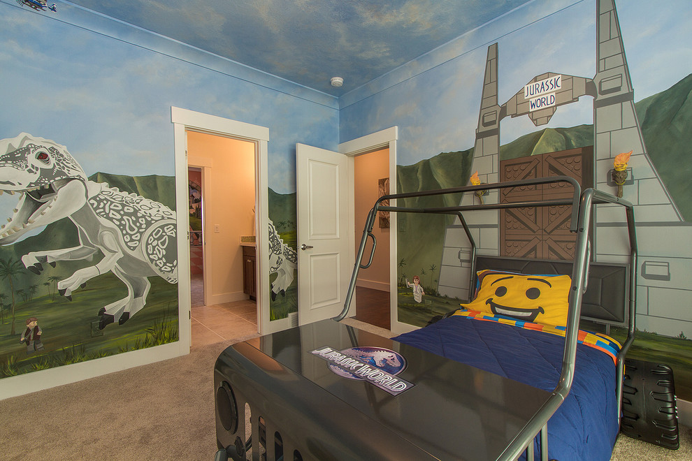 Kids' room - mid-sized craftsman boy carpeted kids' room idea in Salt Lake City with multicolored walls