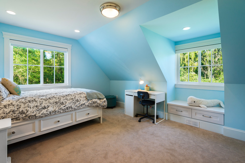 Mid-sized transitional boy carpeted and gray floor kids' room photo in Other with blue walls