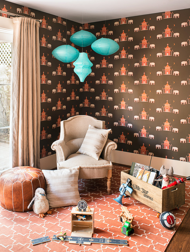 Example of a transitional gender-neutral kids' room design in San Francisco with multicolored walls