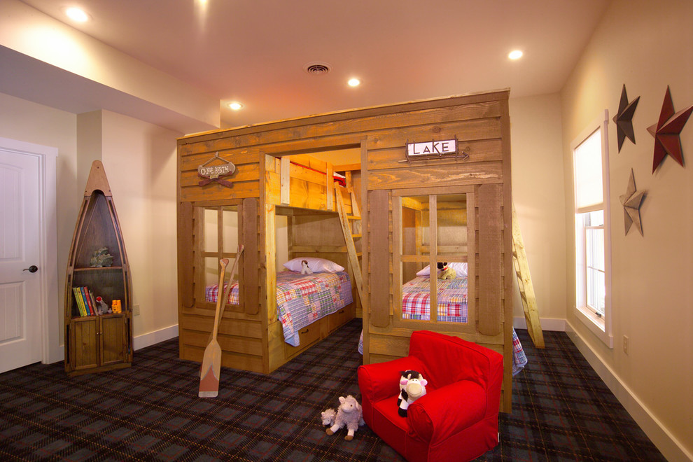 Childrens' room - rustic gender-neutral carpeted childrens' room idea in Louisville with beige walls