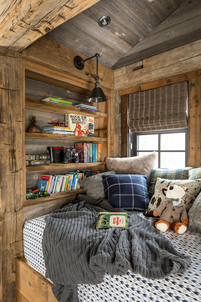 This is an example of a small rustic gender neutral children’s room in Minneapolis with brown walls.