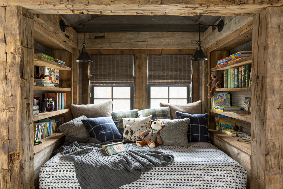 Inspiration for a small rustic gender neutral kids' study space in Minneapolis with brown walls, dark hardwood flooring and brown floors.