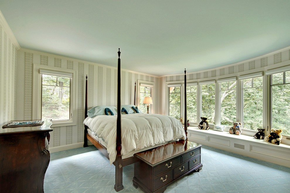 Idéer för stora vintage flickrum kombinerat med sovrum och för 4-10-åringar, med heltäckningsmatta och blått golv