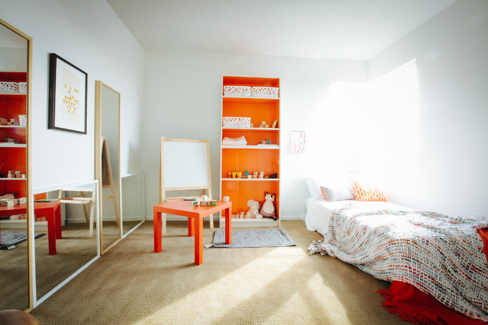 Design ideas for a large traditional gender neutral children’s room in Salt Lake City with white walls and carpet.