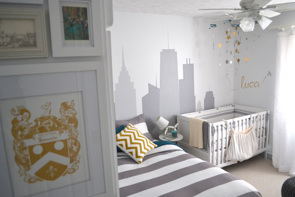Kids' room - mid-sized contemporary boy carpeted and beige floor kids' room idea in Omaha with gray walls