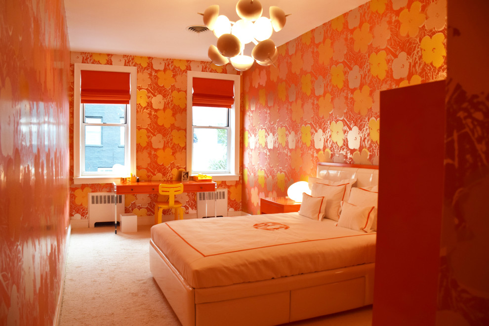 Diseño de dormitorio infantil ecléctico de tamaño medio con moqueta y paredes multicolor