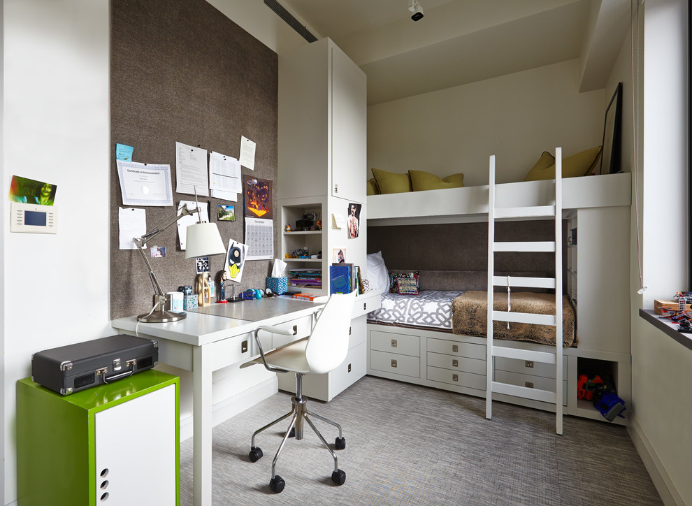 Contemporary gender neutral teen’s room in New York with white walls and carpet.