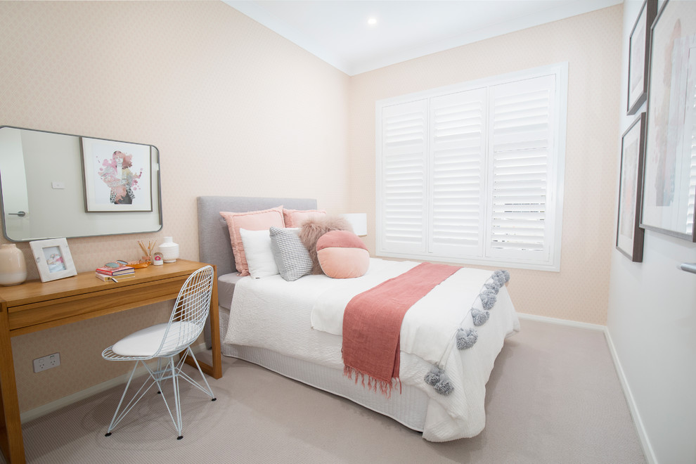 Design ideas for a contemporary teen’s room for girls in Sydney with beige walls, carpet and beige floors.