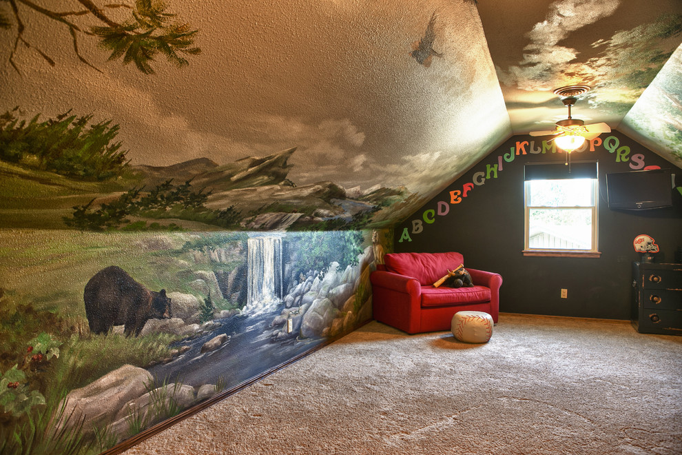 Ejemplo de dormitorio infantil de 4 a 10 años rural grande con paredes verdes y moqueta