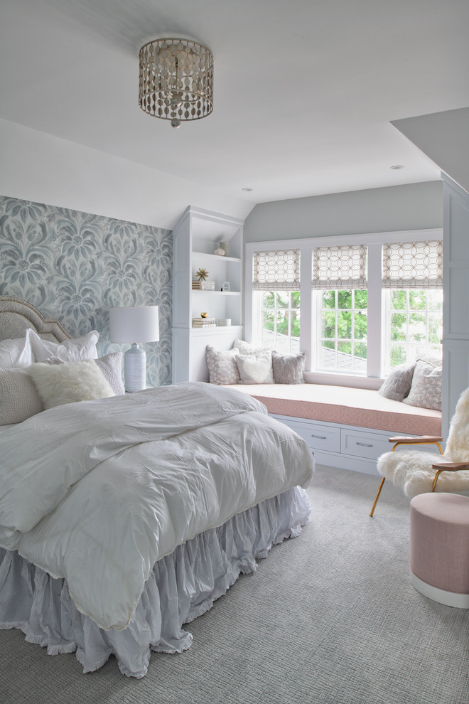 Foto de dormitorio infantil romántico de tamaño medio con paredes multicolor, moqueta y suelo gris