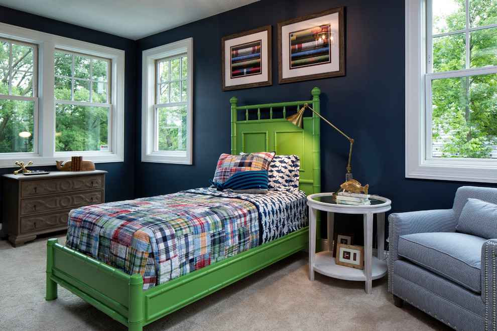 Inspiration for a large traditional kids' bedroom in Minneapolis with blue walls and carpet.
