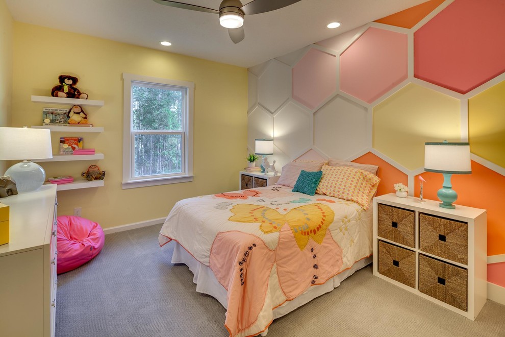 Cette image montre une chambre d'enfant traditionnelle avec un mur multicolore et moquette.