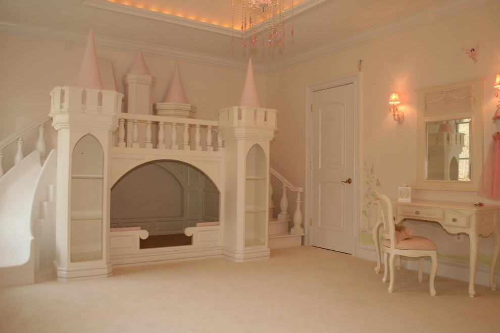 Inspiration for a medium sized classic children’s room for girls in DC Metro with beige walls, carpet and beige floors.