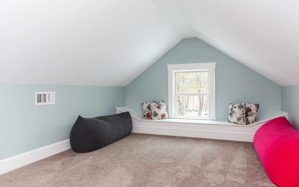 Modelo de dormitorio infantil de 4 a 10 años de estilo americano de tamaño medio con moqueta y paredes grises