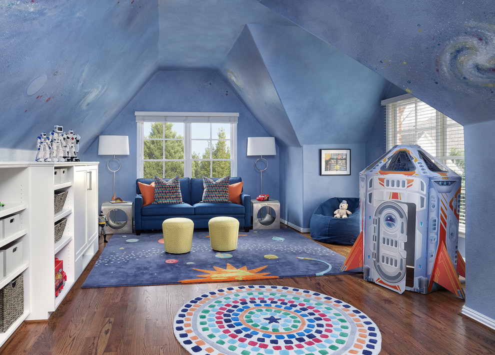 Traditional gender neutral kids' bedroom in Dallas with blue walls, brown floors, medium hardwood flooring, a vaulted ceiling and wallpapered walls.