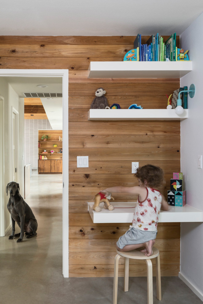Diseño de dormitorio infantil de 4 a 10 años vintage con paredes blancas, suelo de cemento y suelo gris