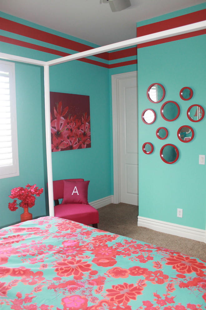 Medium sized vintage teen’s room for girls in Phoenix with blue walls and carpet.