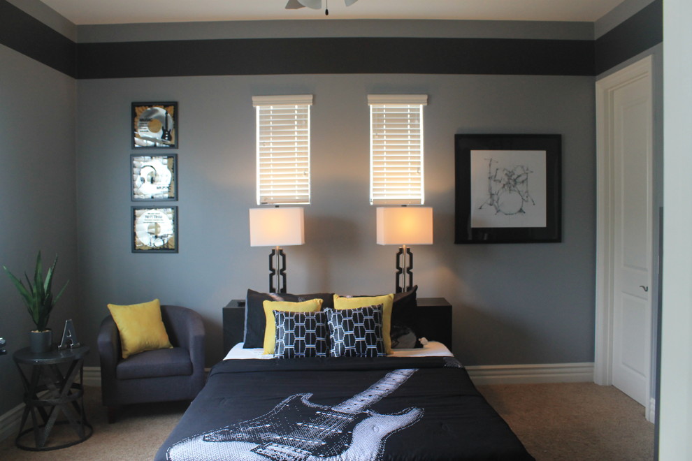 Example of a mid-sized trendy boy carpeted kids' room design in Phoenix with gray walls