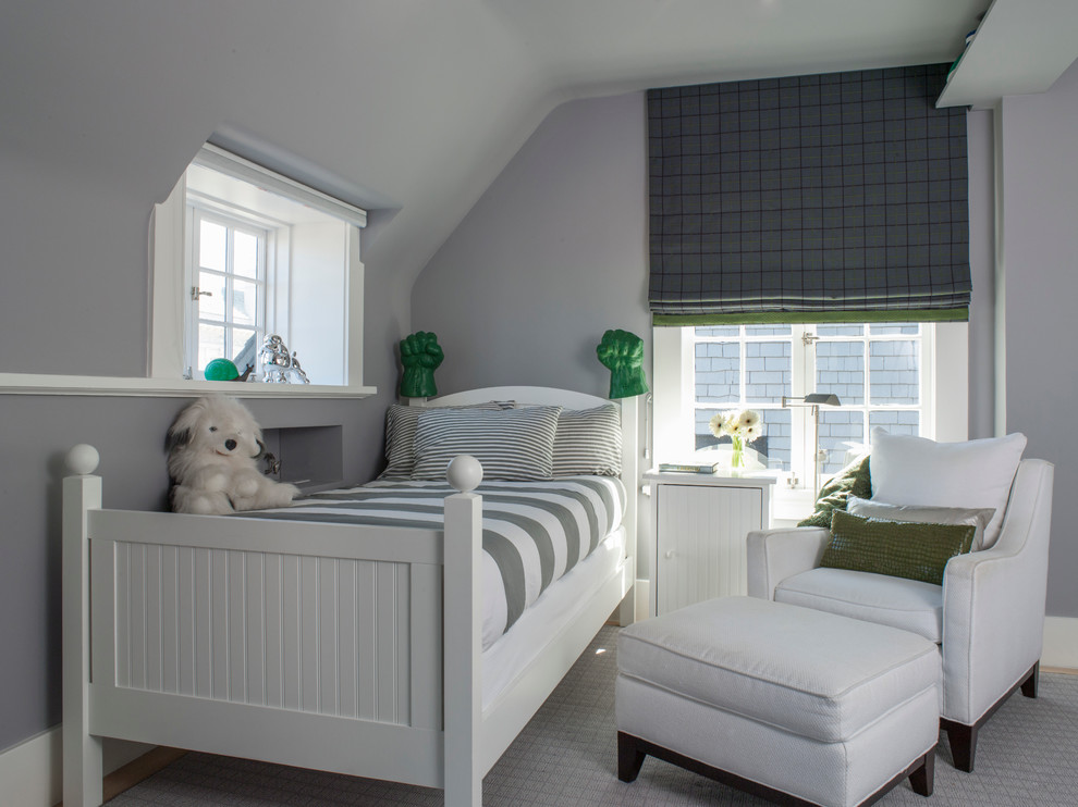 Transitional boy carpeted and gray floor kids' room photo in San Francisco with gray walls