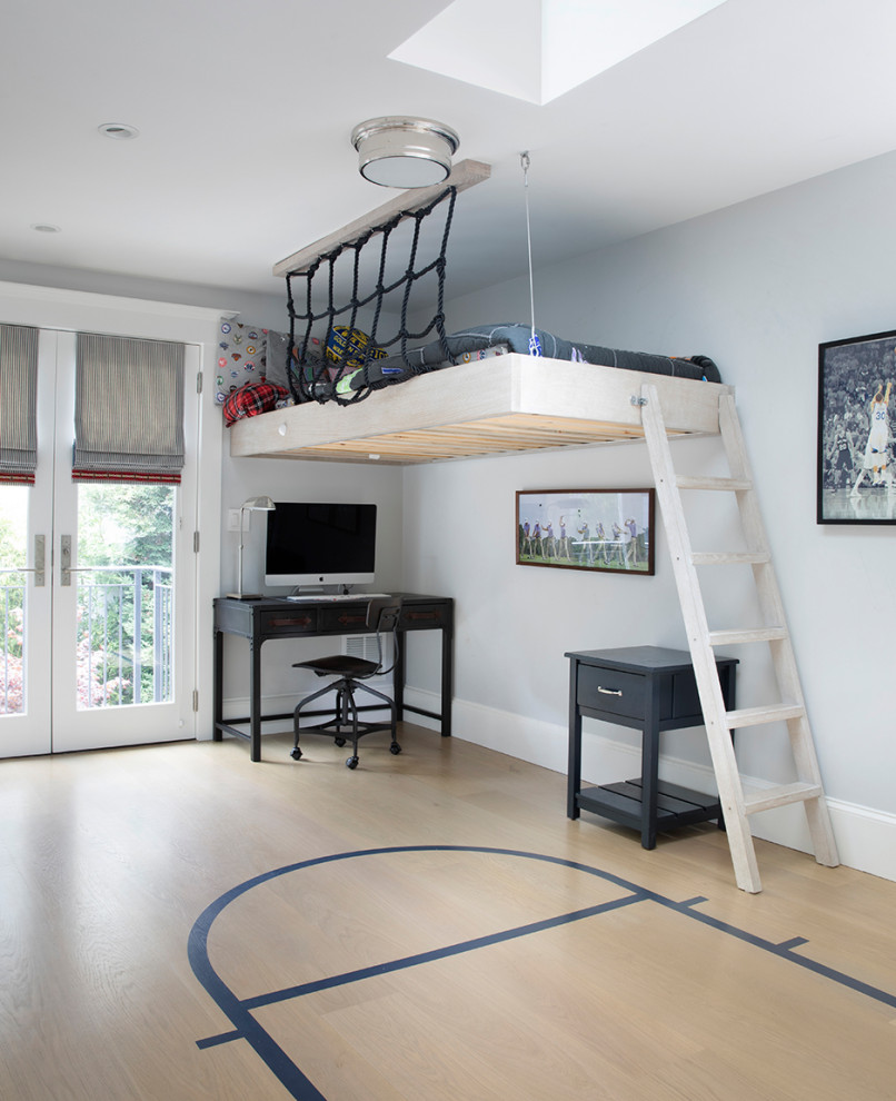 Photo of a medium sized traditional teen’s room for boys in San Francisco with grey walls and light hardwood flooring.