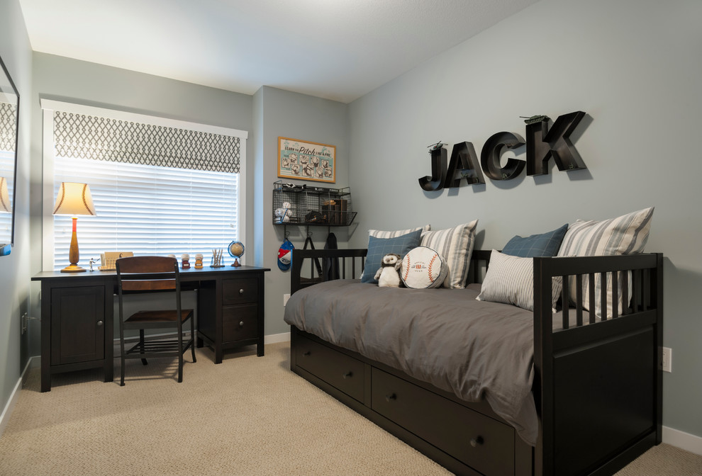Classic kids' bedroom for boys in Vancouver with grey walls and carpet.