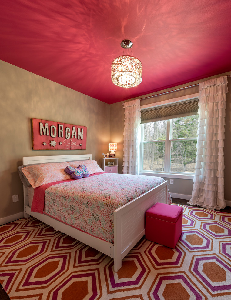 Photo of a medium sized shabby-chic style teen’s room for girls in Other with pink walls, carpet and orange floors.