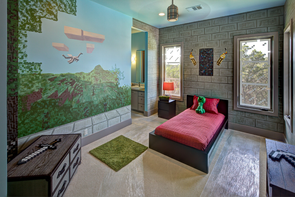 Immagine di una cameretta per bambini da 4 a 10 anni design di medie dimensioni con pareti multicolore e moquette