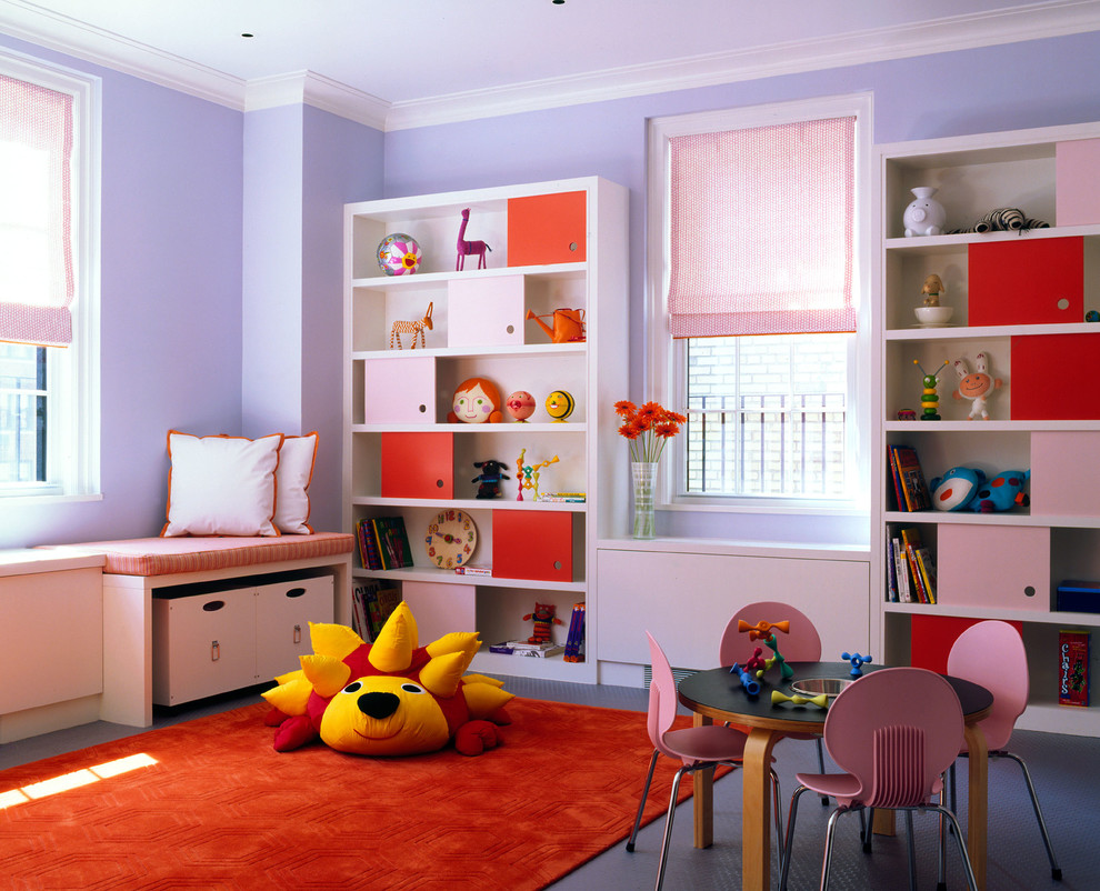 This is an example of a contemporary gender neutral playroom in New York with purple walls.