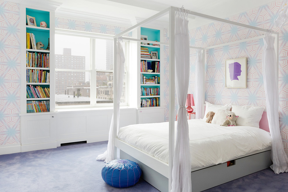 This is an example of a large contemporary teen’s room for girls in New York with multi-coloured walls, carpet and purple floors.