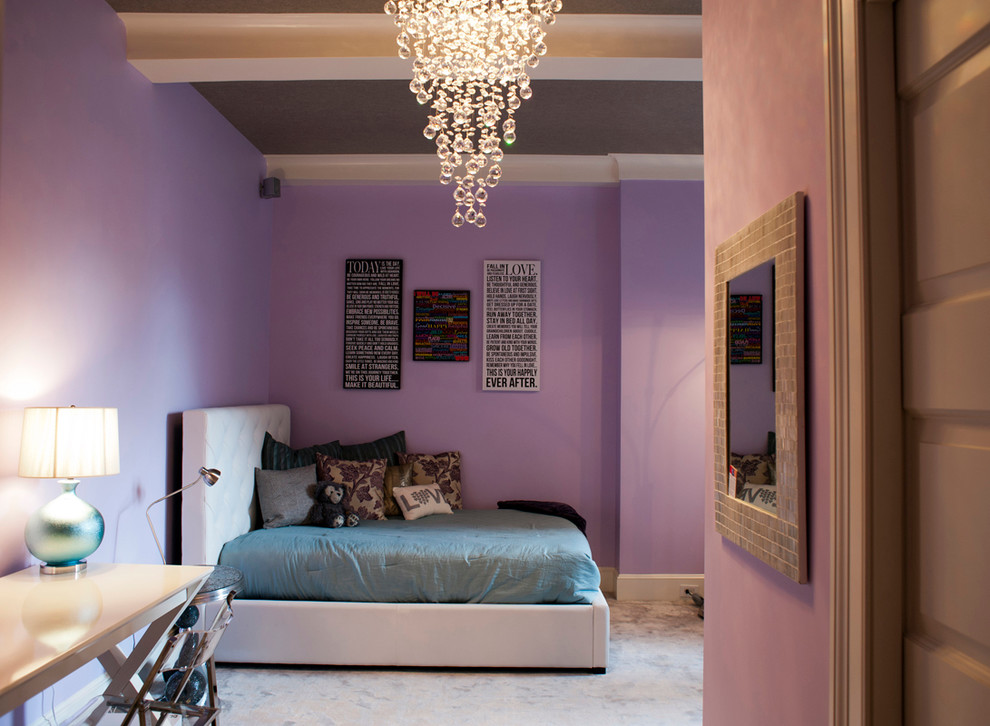 Kids' room - contemporary carpeted kids' room idea in New York with purple walls