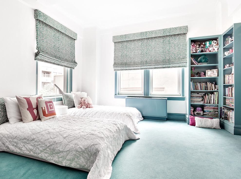 Inspiration for a medium sized modern teen’s room for girls in New York with white walls and carpet.