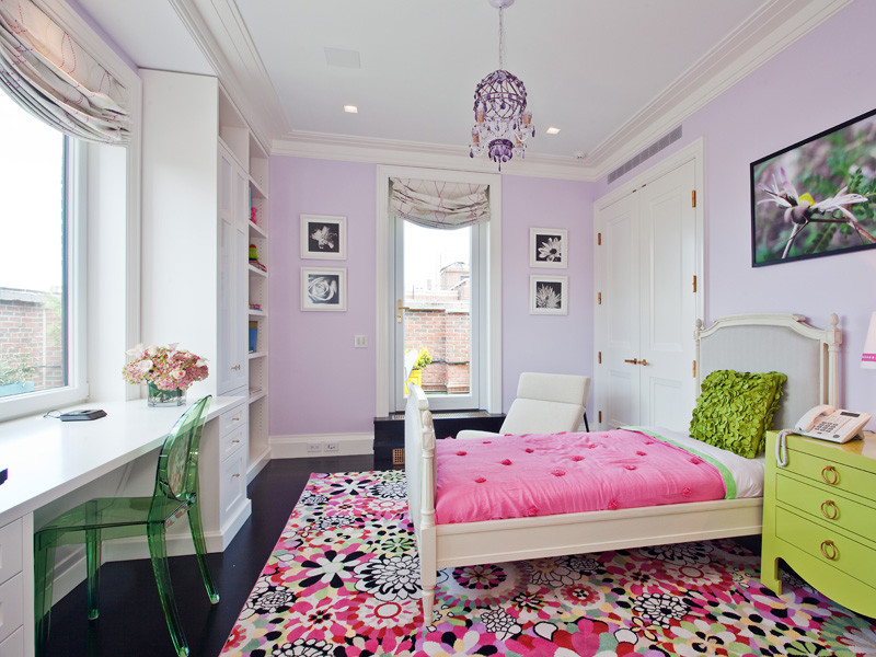 Inspiration for a mid-sized contemporary girl dark wood floor kids' bedroom remodel in New York with purple walls