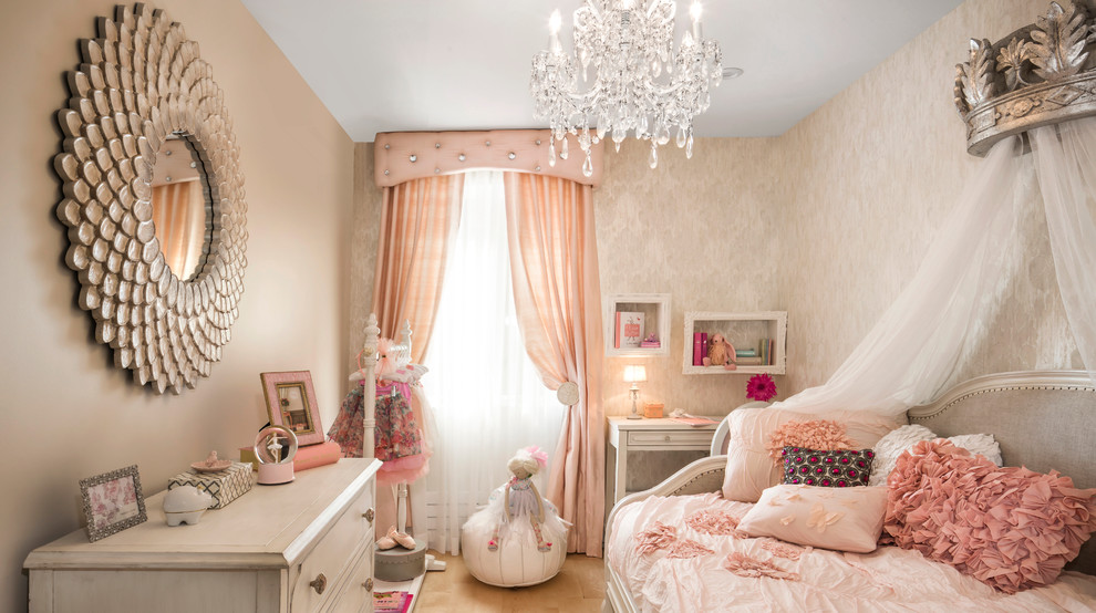 Photo of a medium sized classic children’s room for girls in New York with light hardwood flooring and multi-coloured walls.