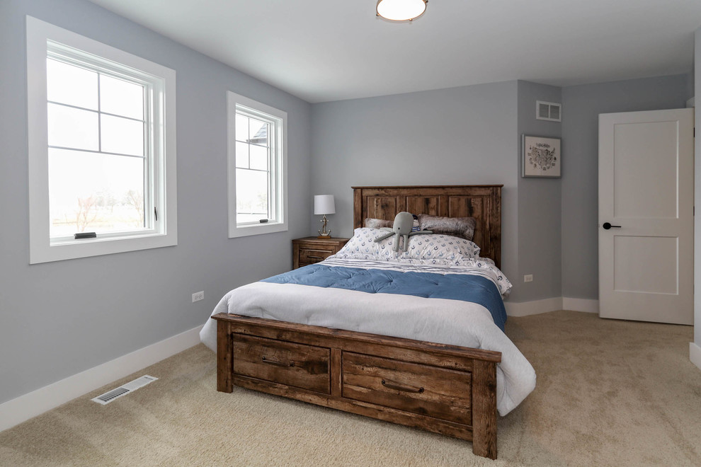 Ejemplo de dormitorio infantil campestre de tamaño medio con paredes azules, moqueta y suelo blanco