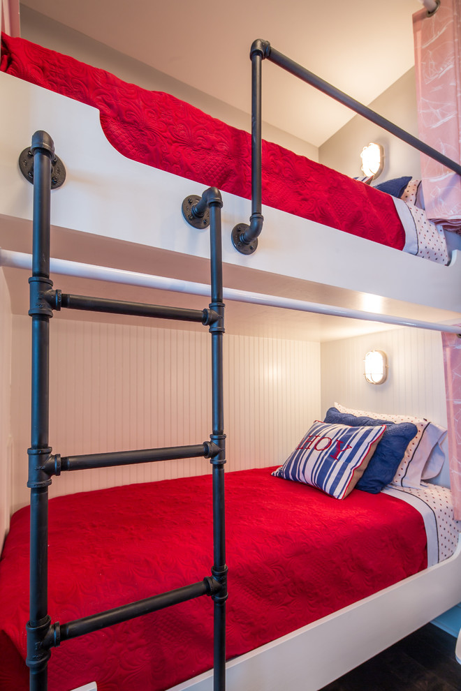 Idee per una cameretta per bambini da 4 a 10 anni stile marino di medie dimensioni con pareti bianche e parquet scuro