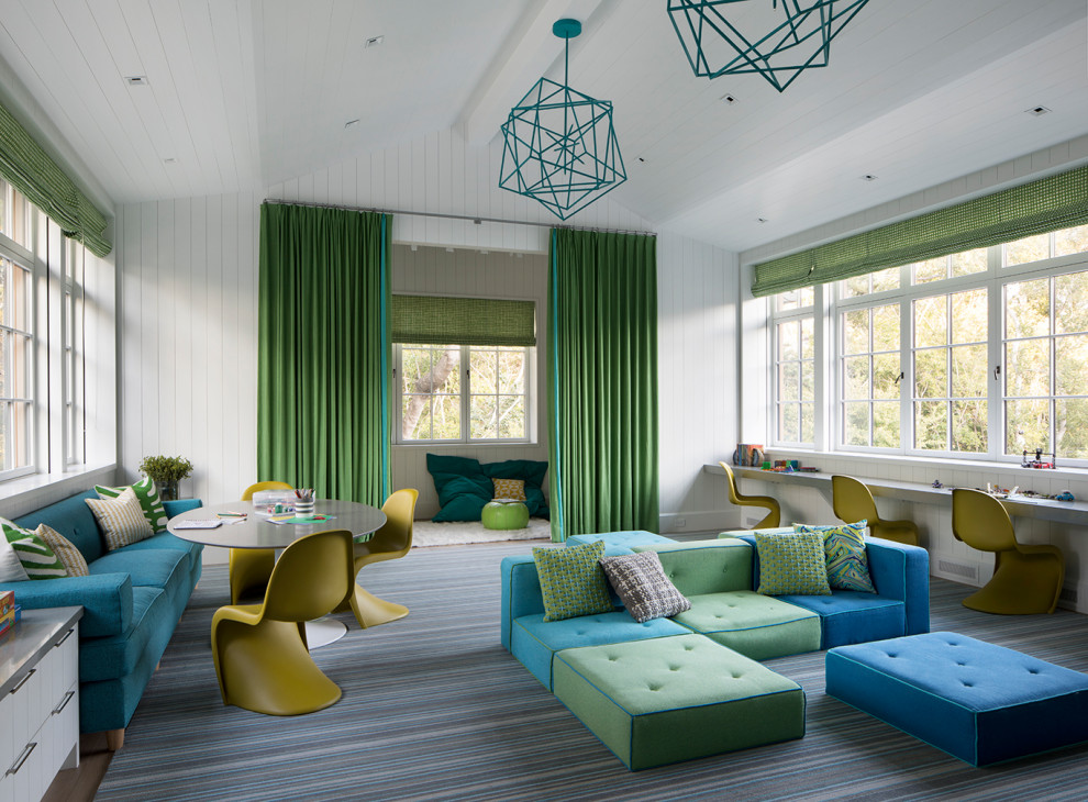 Photo of a large classic gender neutral kids' bedroom in San Francisco with white walls, carpet, multi-coloured floors, a timber clad ceiling, a vaulted ceiling and tongue and groove walls.