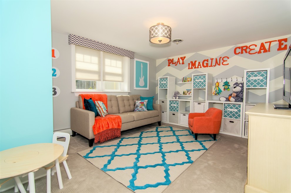 Источник вдохновения для домашнего уюта: нейтральная детская с игровой среднего размера в стиле неоклассика (современная классика) с серыми стенами и ковровым покрытием